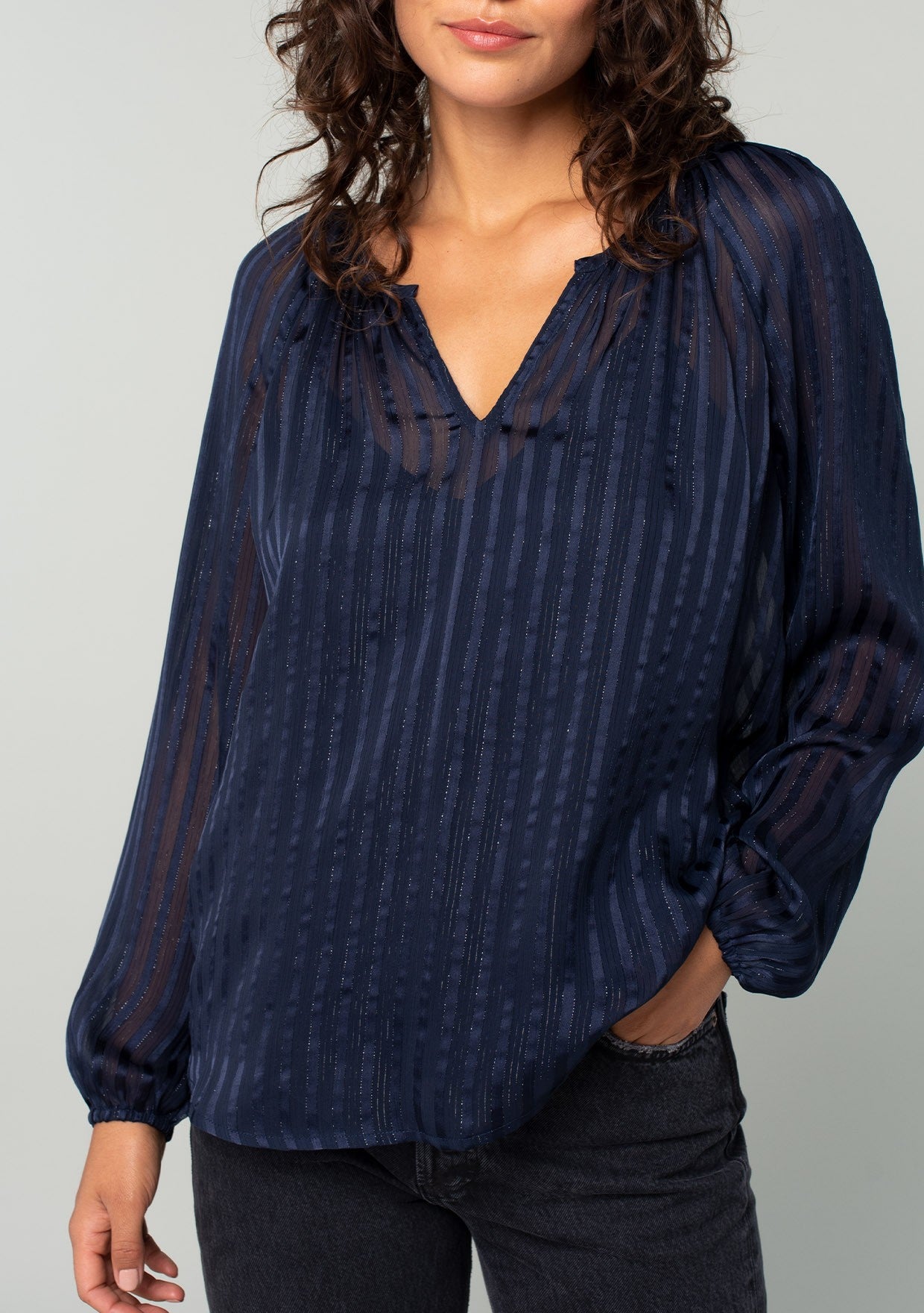 SHEER STRIPE V-NECK POPOVER BLOUSE