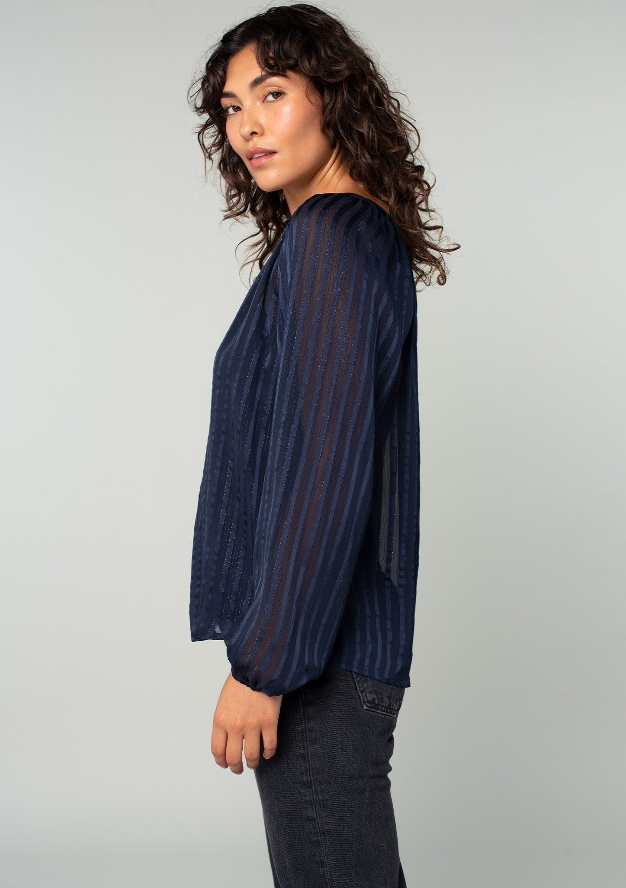 SHEER STRIPE V-NECK POPOVER BLOUSE
