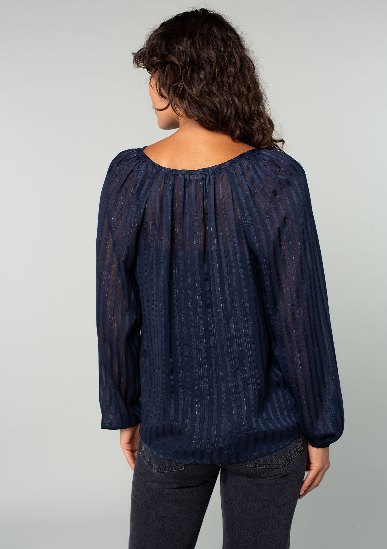 SHEER STRIPE V-NECK POPOVER BLOUSE