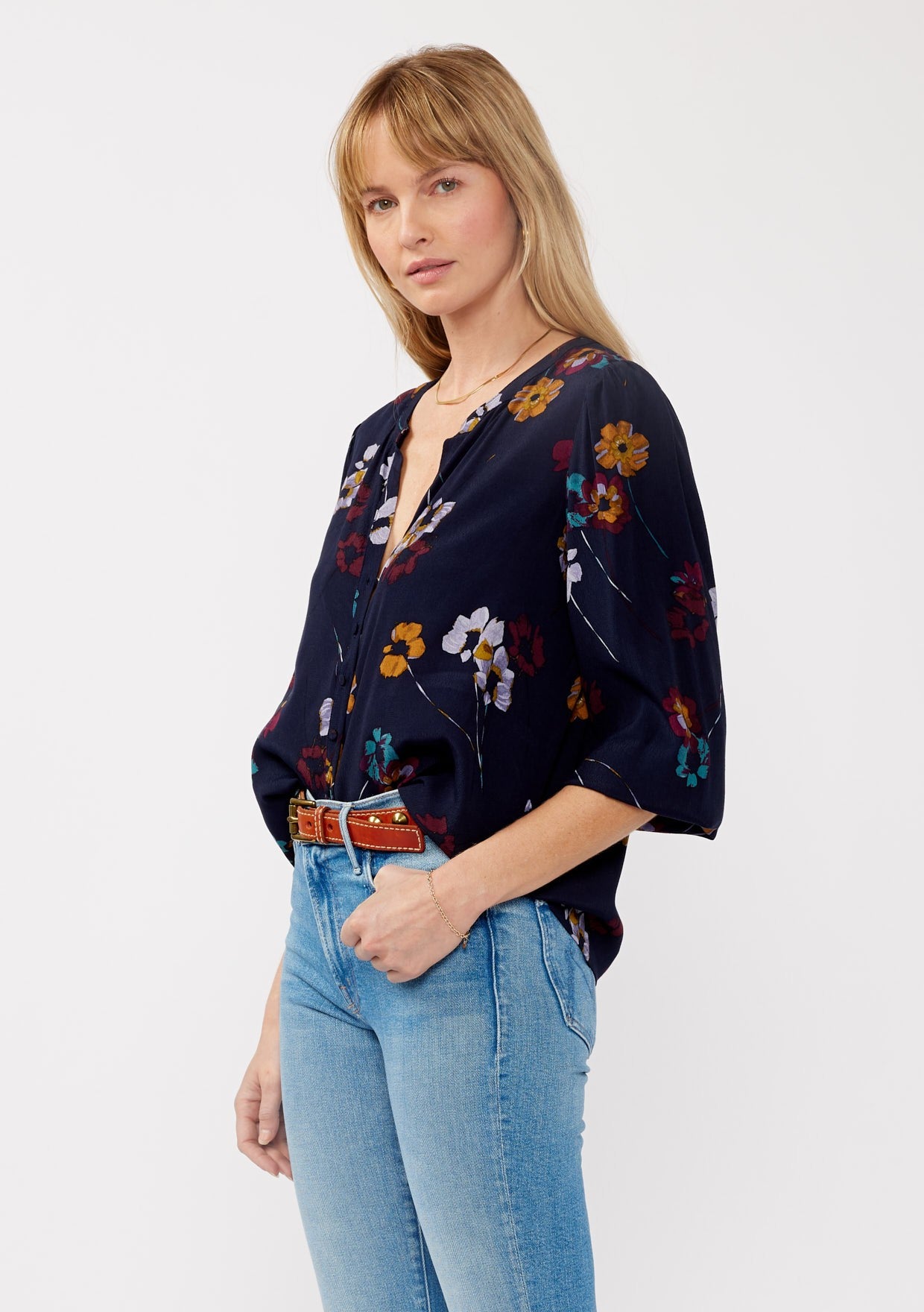 PAINTED BLOSSOM SPLIT NECK BLOUSE