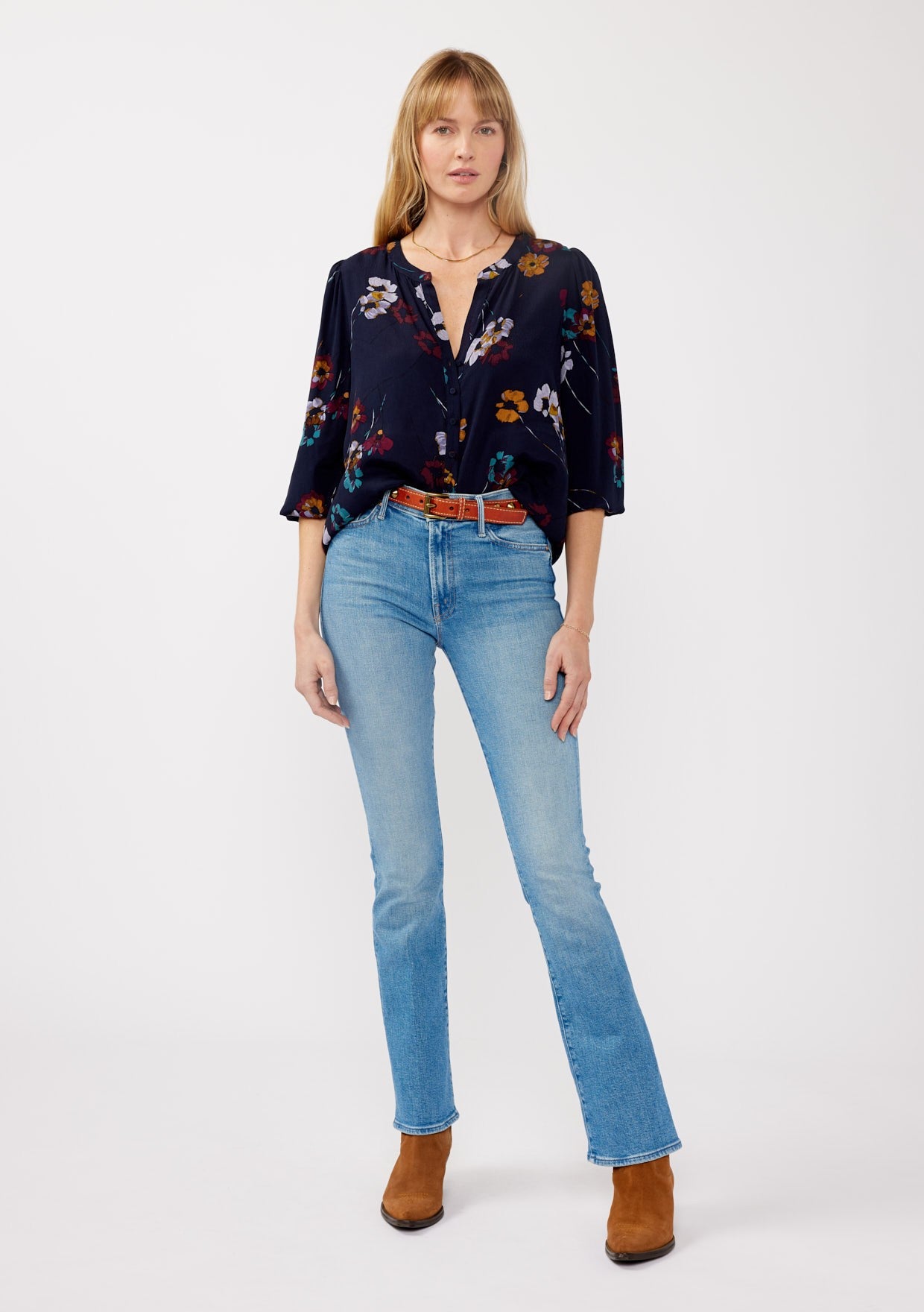 PAINTED BLOSSOM SPLIT NECK BLOUSE