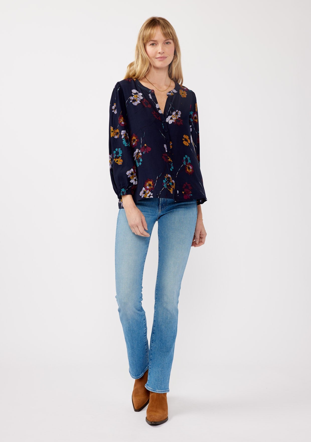PAINTED BLOSSOM SPLIT NECK BLOUSE
