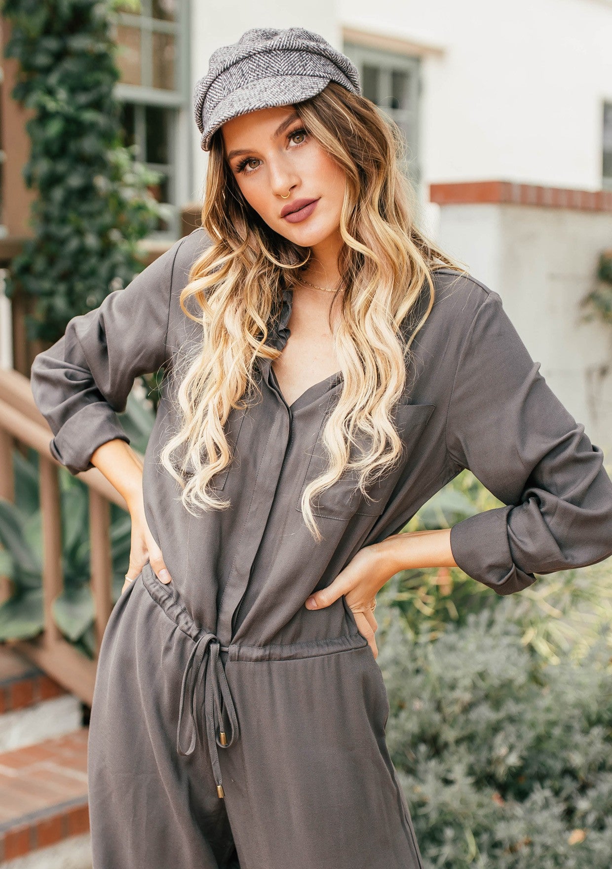 RAYON TWILL LONG SLEEVE JUMPSUIT