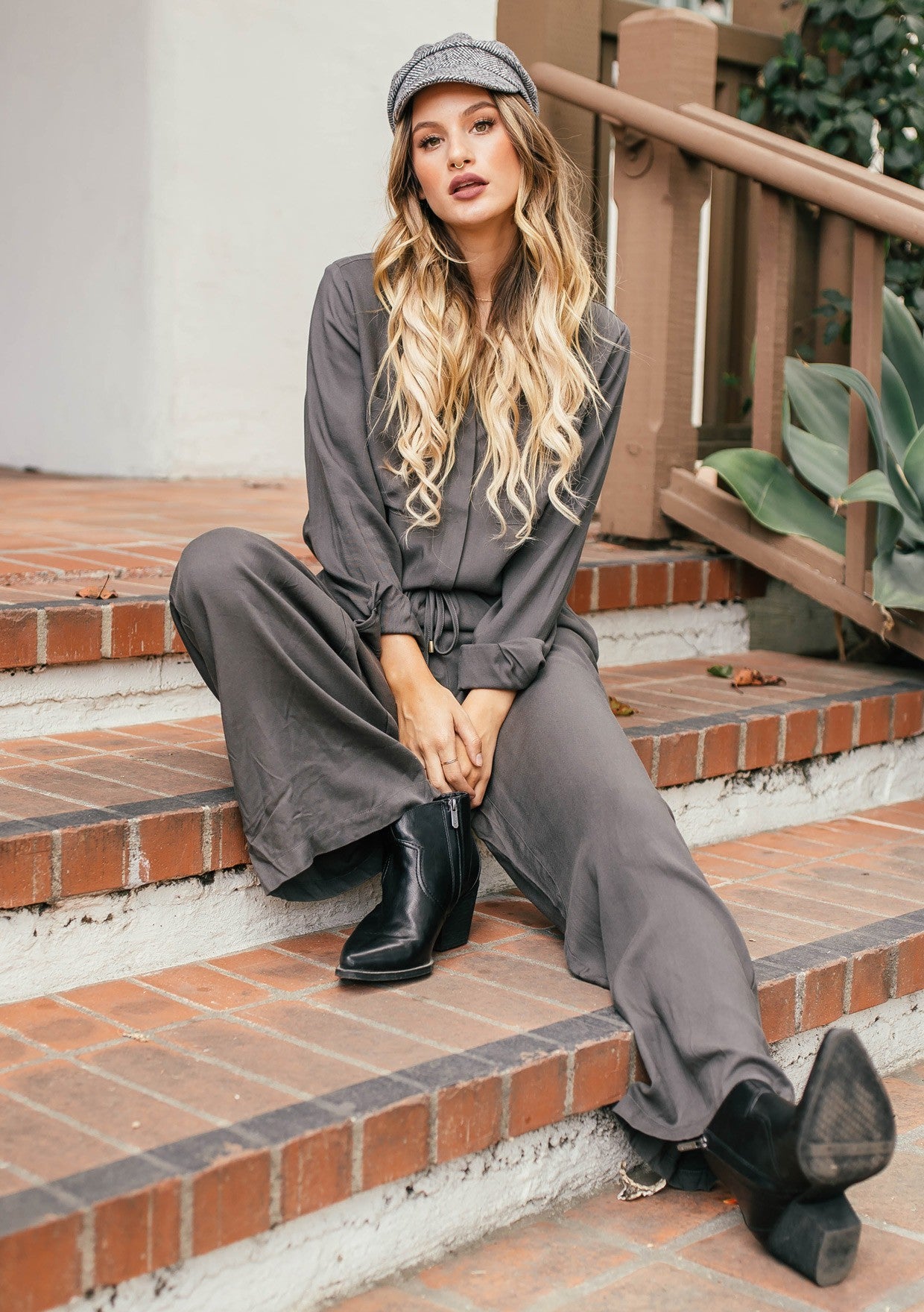 RAYON TWILL LONG SLEEVE JUMPSUIT