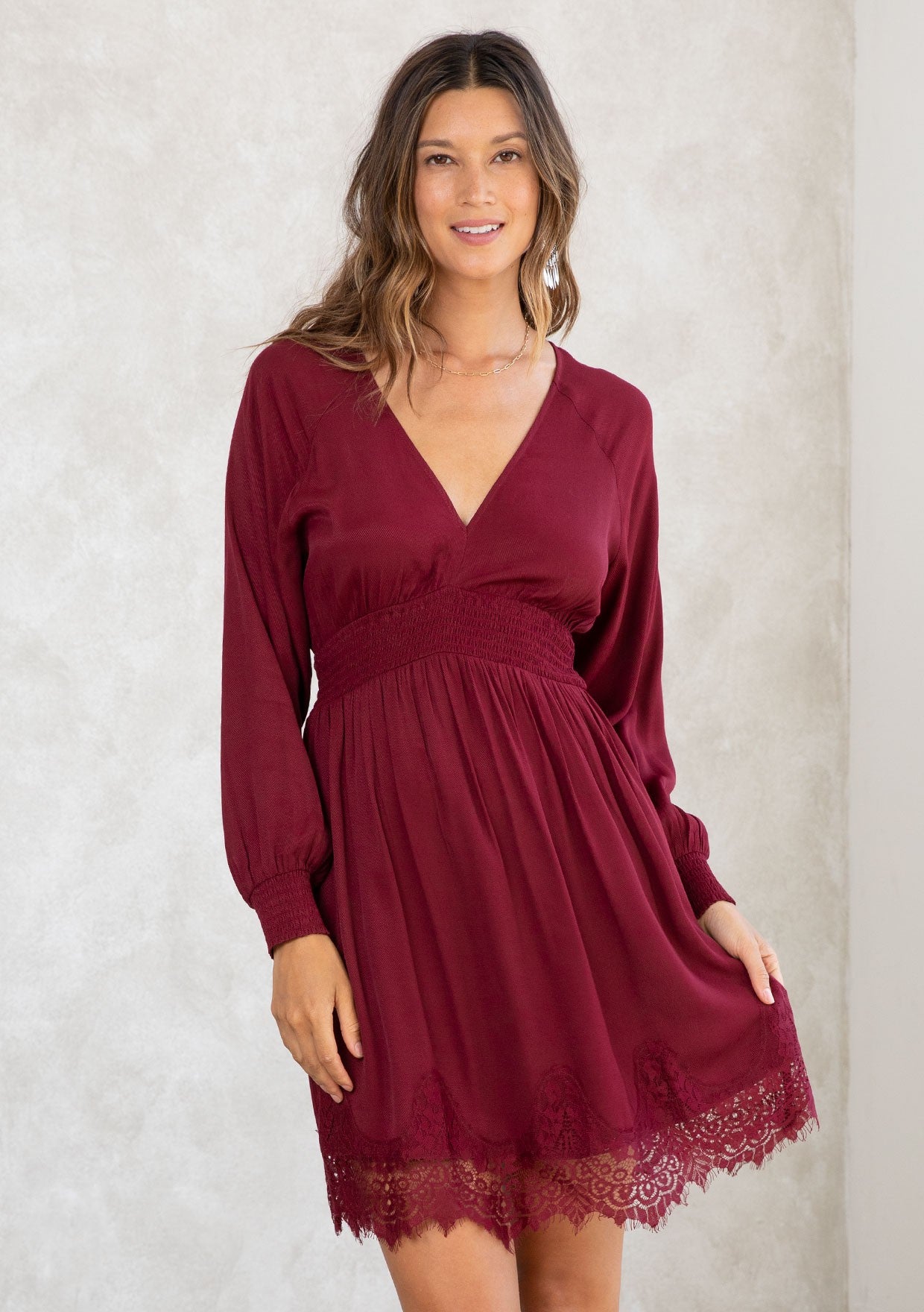 SMOCKED WAIST V-NECK DRESS WITH LACE TRIM