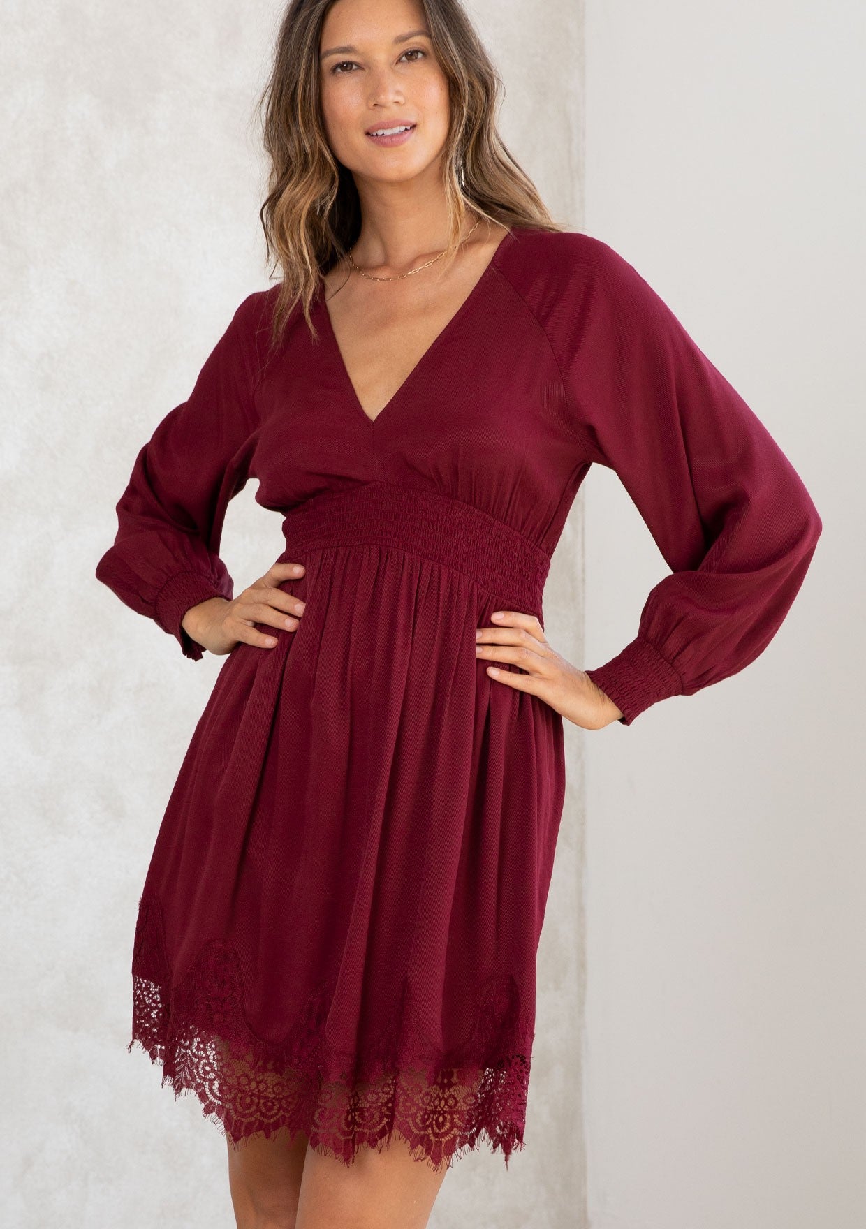 SMOCKED WAIST V-NECK DRESS WITH LACE TRIM