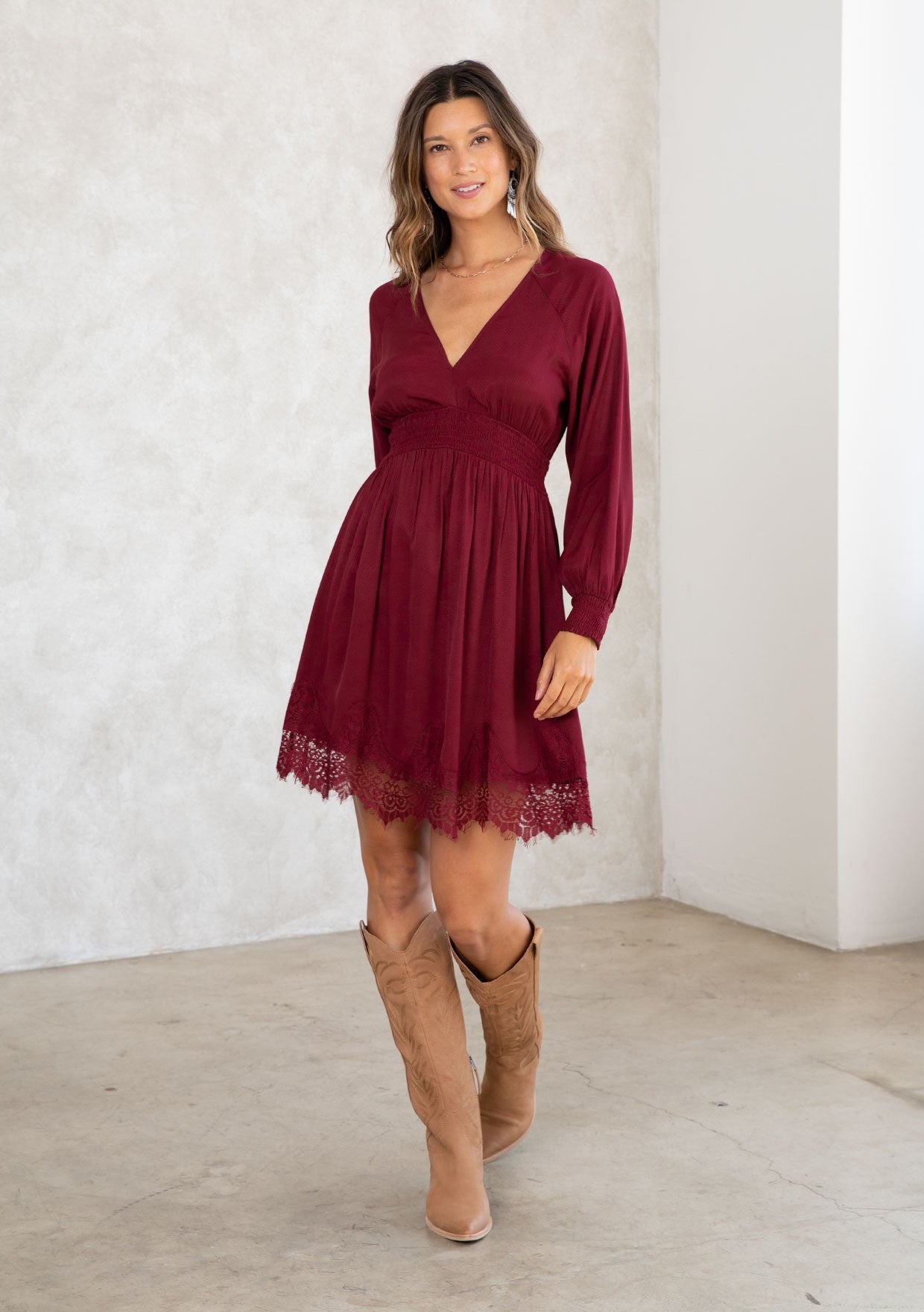 SMOCKED WAIST V-NECK DRESS WITH LACE TRIM