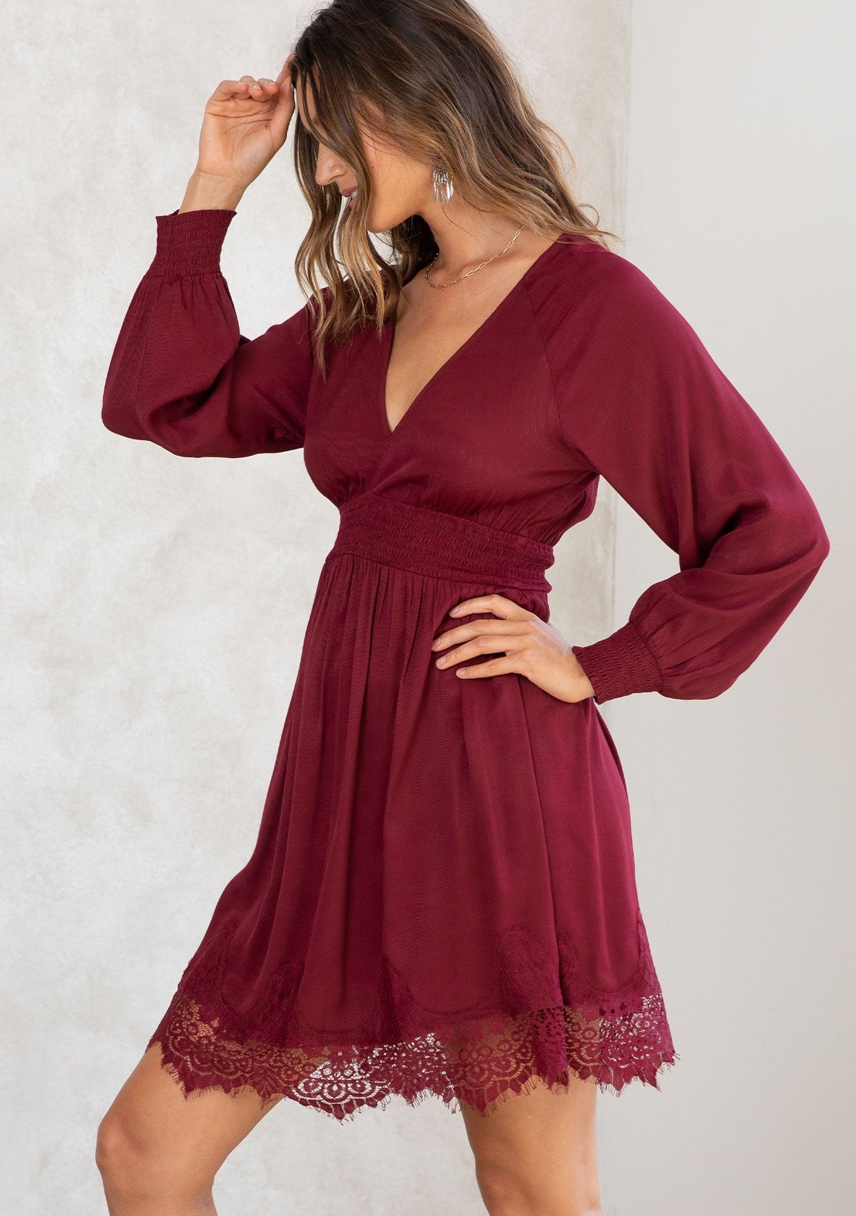 SMOCKED WAIST V-NECK DRESS WITH LACE TRIM