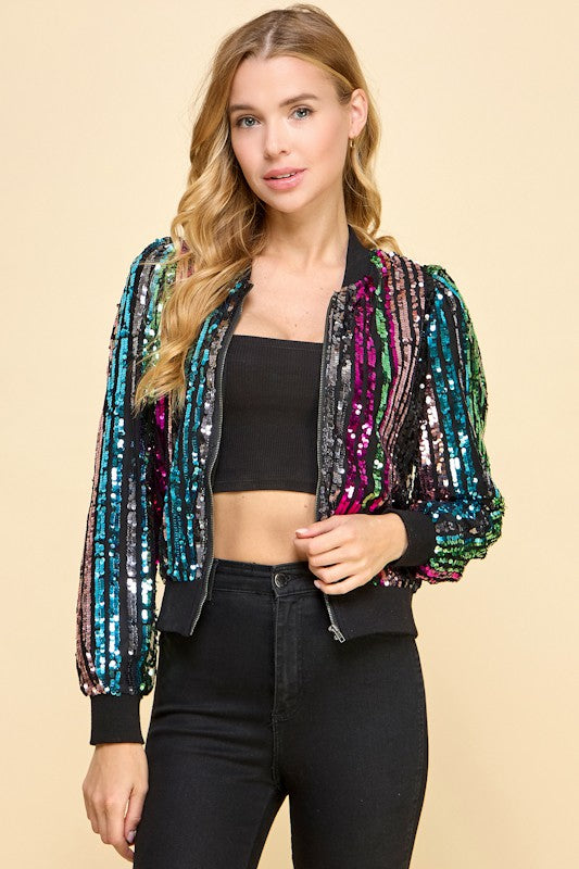 SEQUIN STRIPED BOMBER