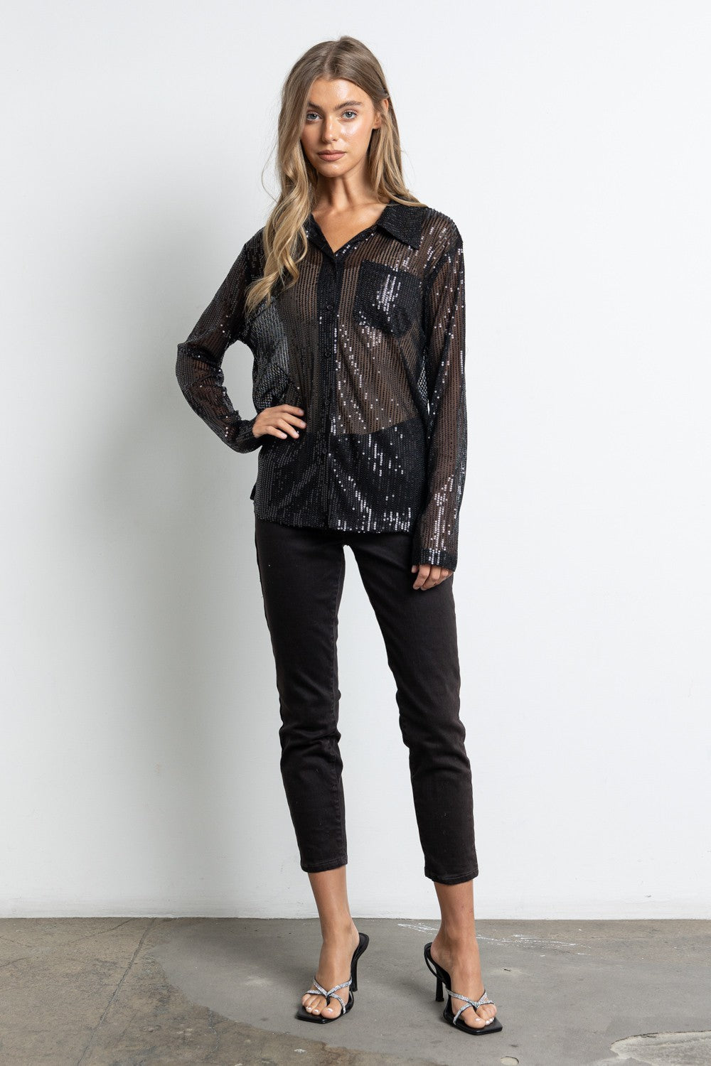 SHEER SEQUINNED BUTTON UP SHIRT