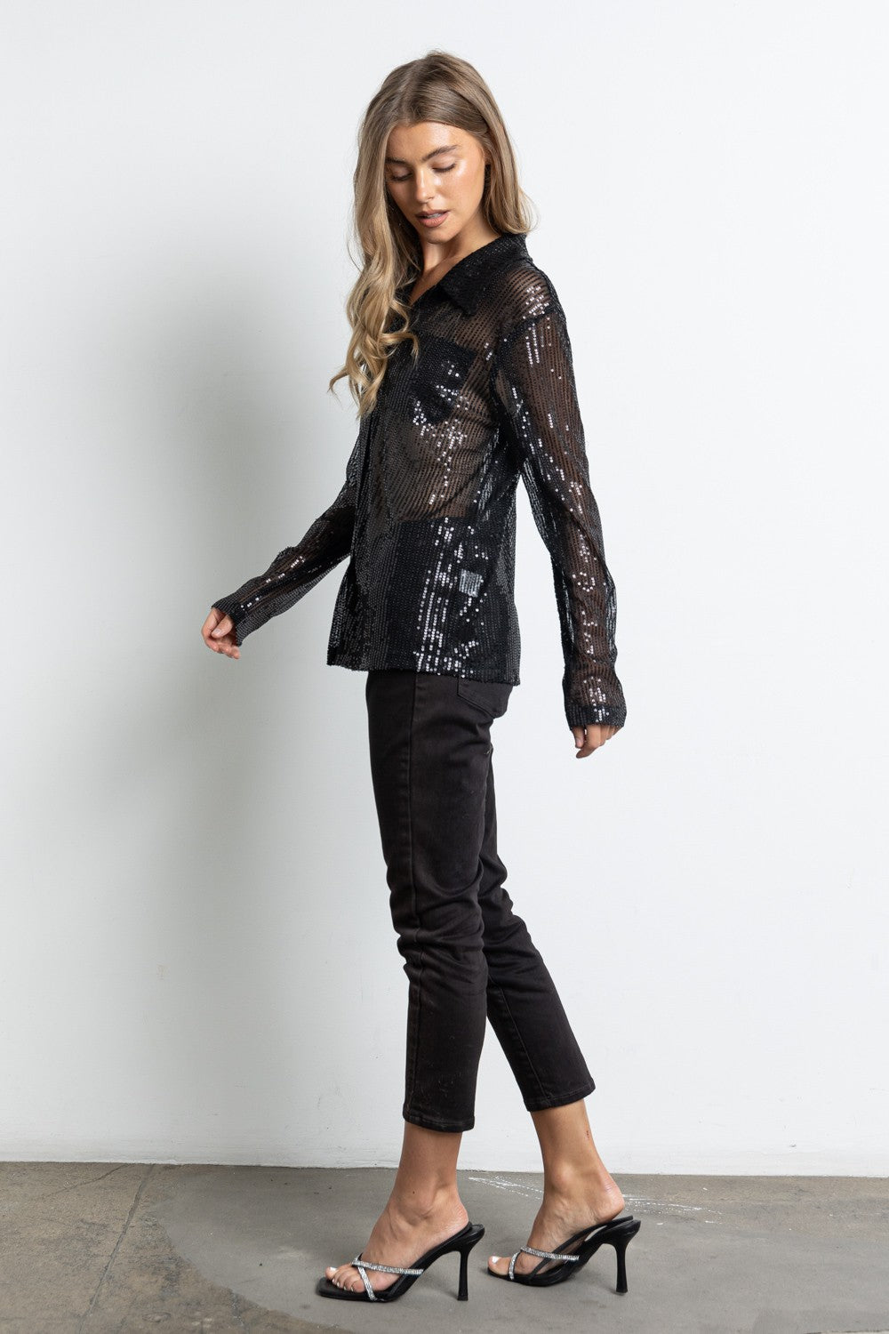 SHEER SEQUINNED BUTTON UP SHIRT