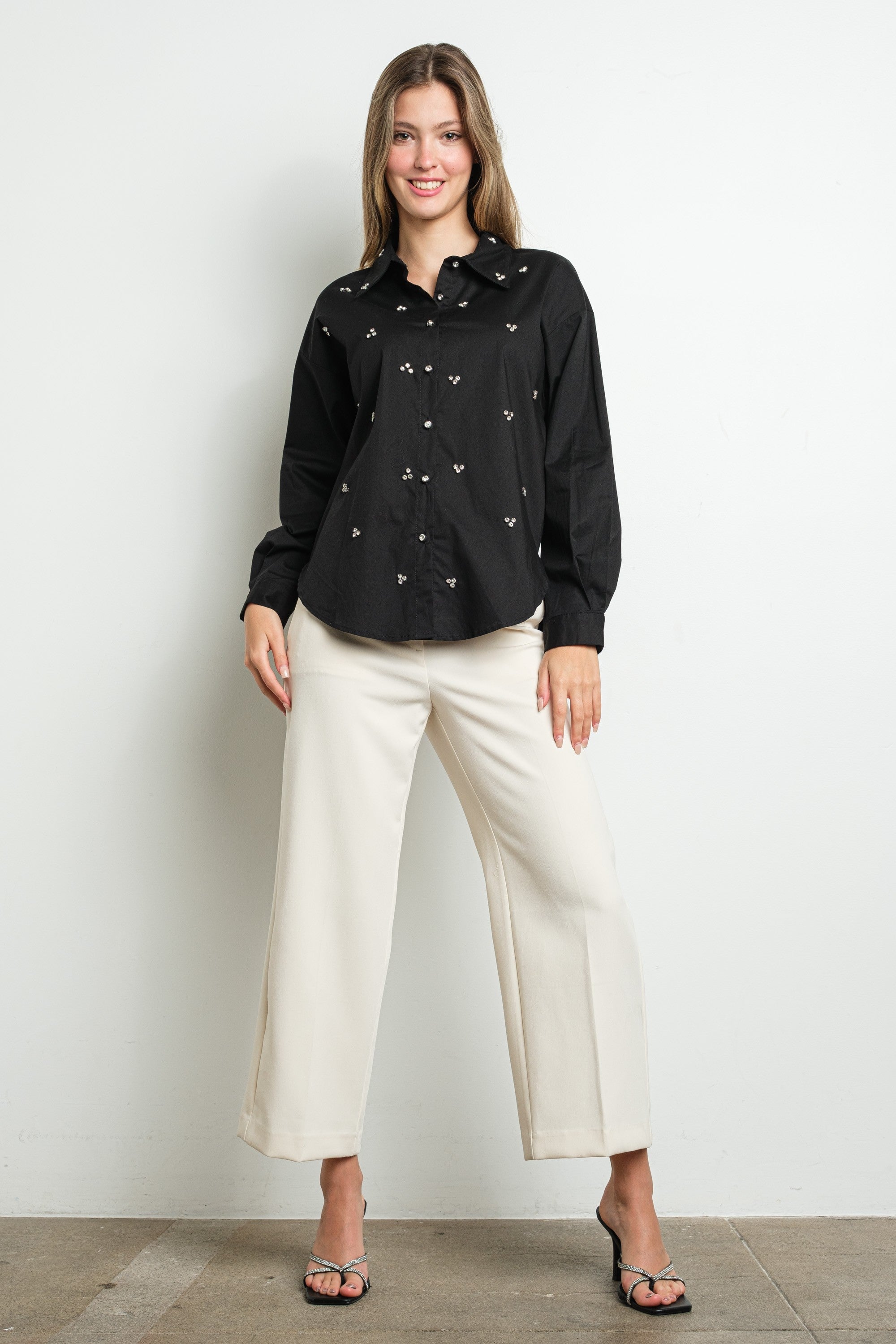 RHINESTONE CLUSTERS LONG SLEEVE SHIRT