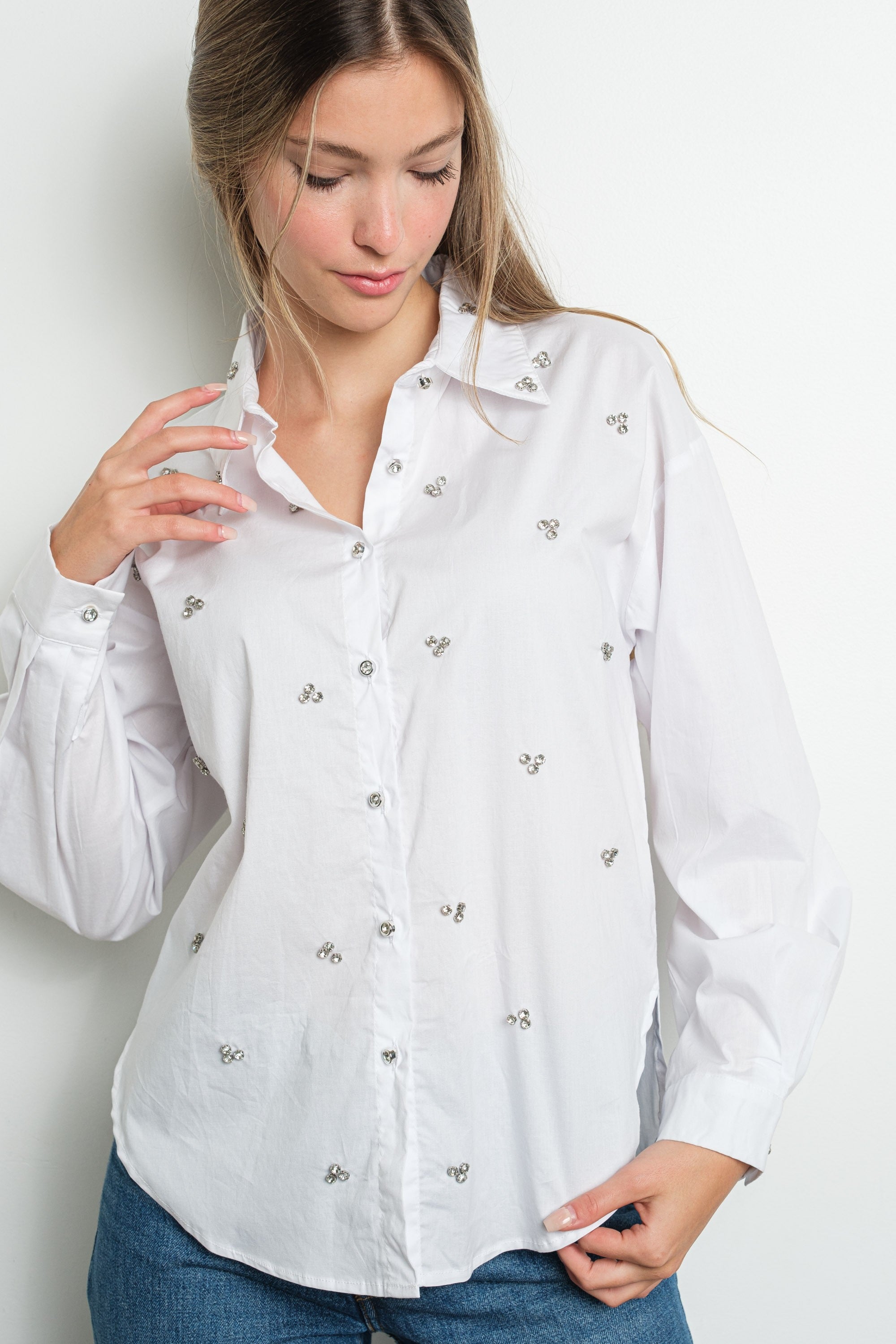 RHINESTONE CLUSTERS LONG SLEEVE SHIRT