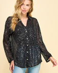 SEQUIN V-NECK BUTTON DOWN SHIRT