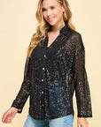 SEQUIN V-NECK BUTTON DOWN SHIRT