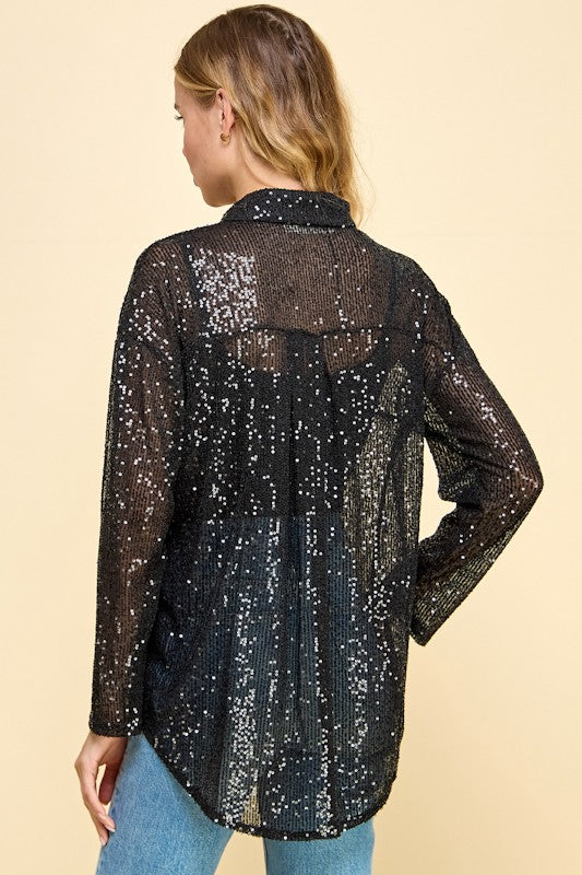 SEQUIN V-NECK BUTTON DOWN SHIRT