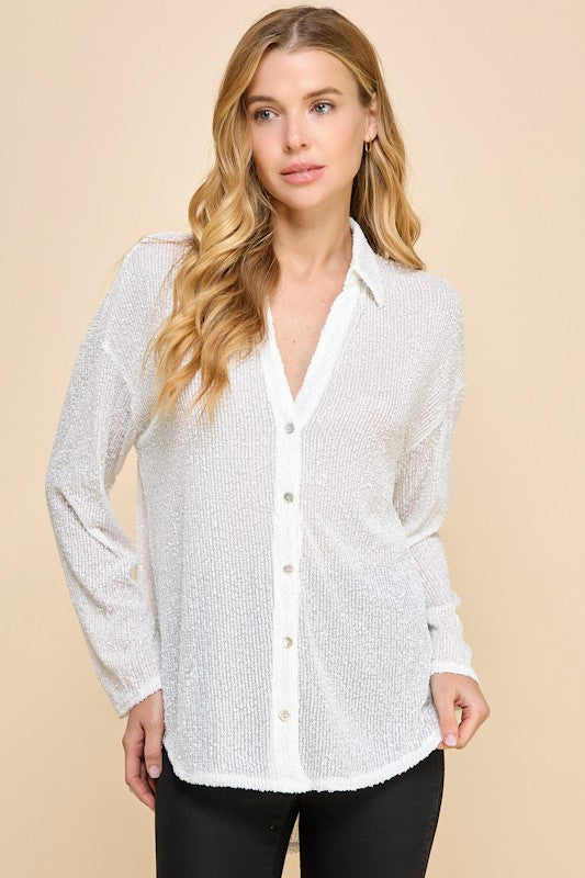 SEQUIN V-NECKV BUTTON DOWN SHIRT