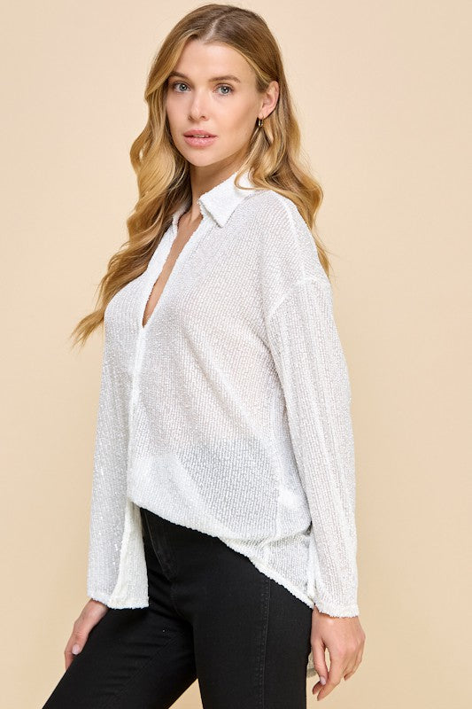 SEQUIN V-NECKV BUTTON DOWN SHIRT