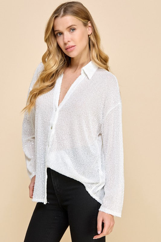 SEQUIN V-NECKV BUTTON DOWN SHIRT