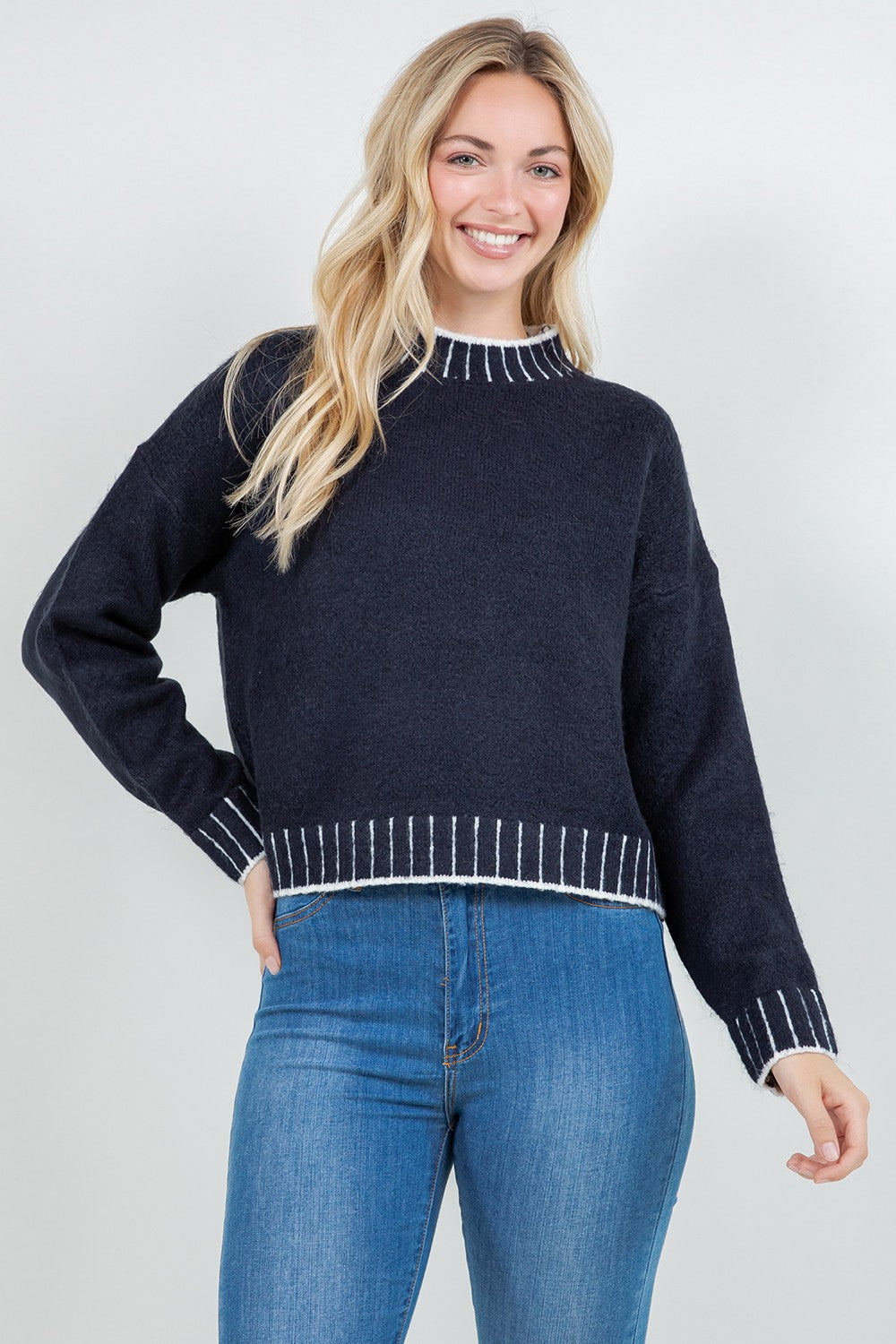 STRIPE CONTRAST TRIM MOCK NECK SWEATER