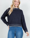 STRIPE CONTRAST TRIM MOCK NECK SWEATER