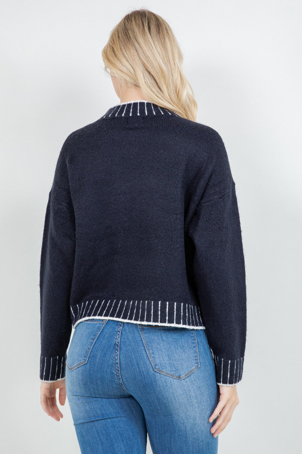 STRIPE CONTRAST TRIM MOCK NECK SWEATER