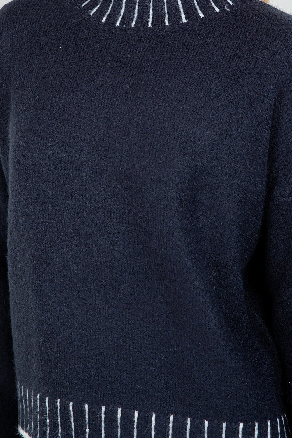 STRIPE CONTRAST TRIM MOCK NECK SWEATER