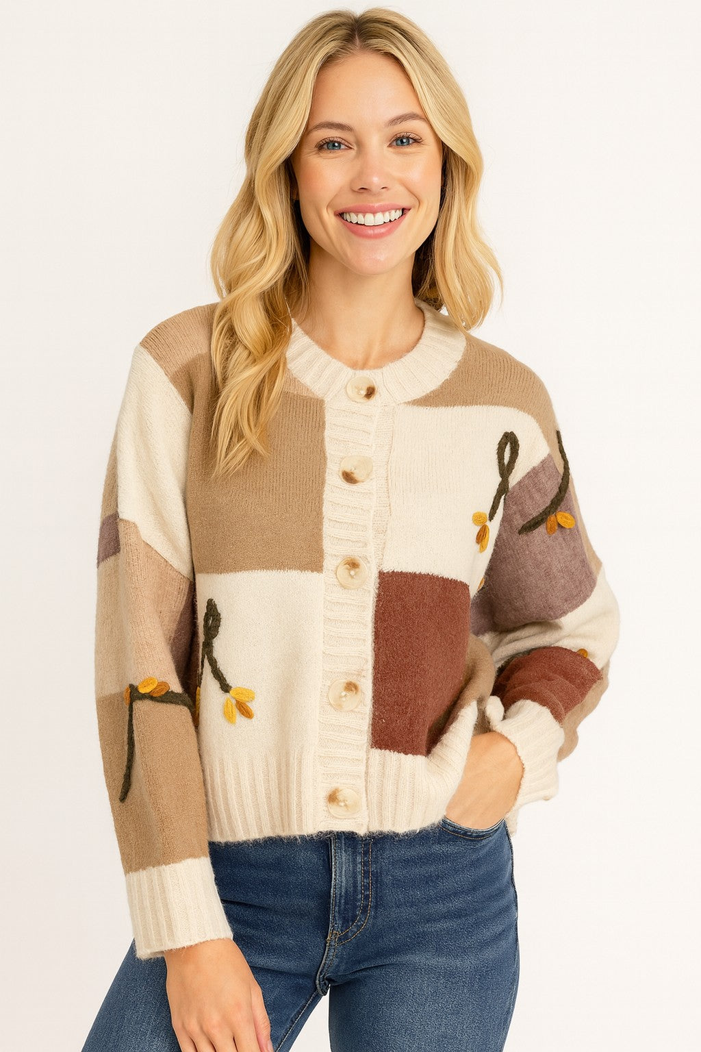 COLOUR BLOCK CARDI WITH FLORAL RIBBONS