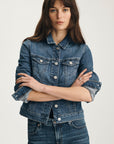 SAMANTHA DARK BRUSHED FLEX BLUE JEAN JACKET