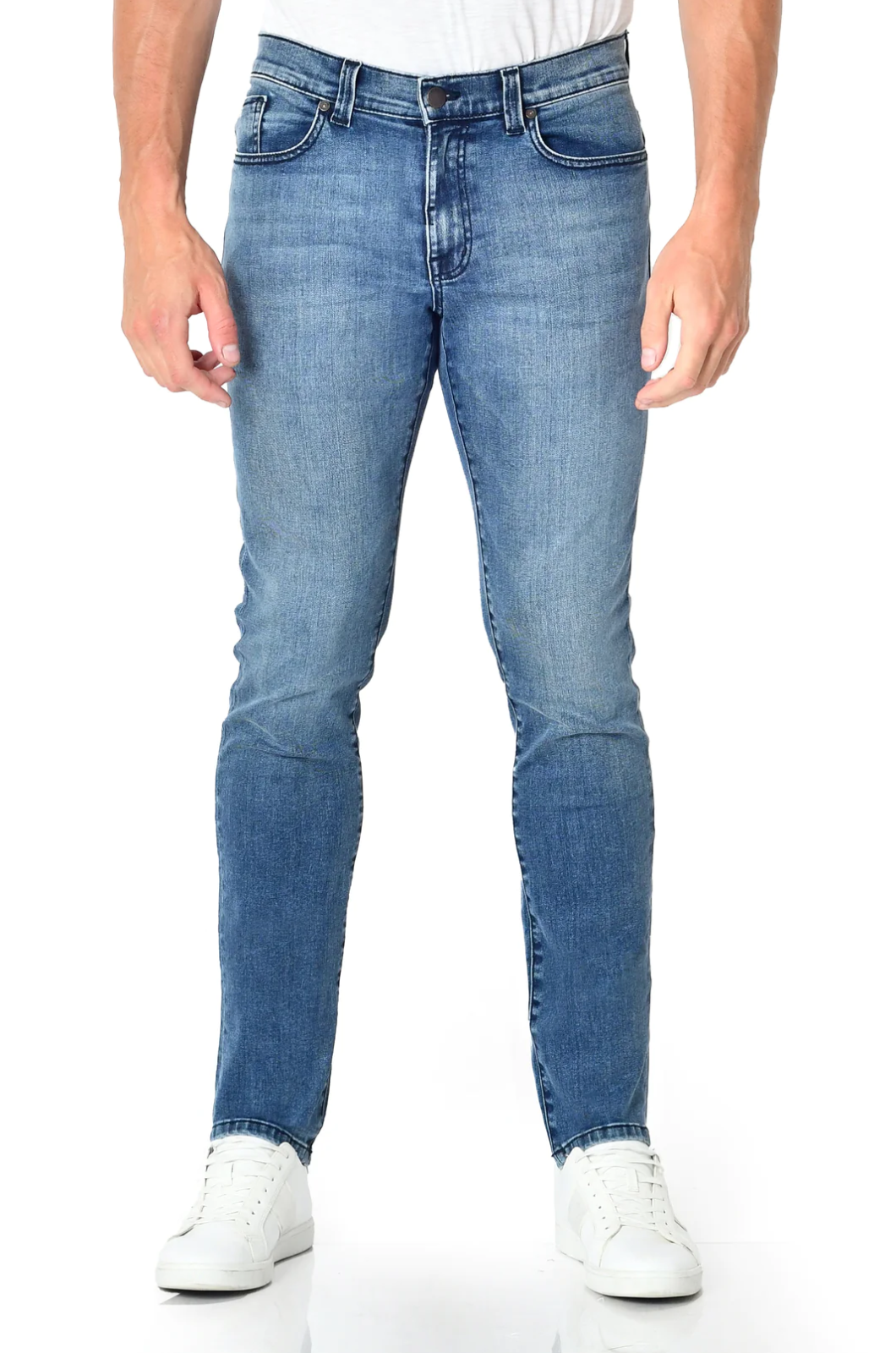 model wearing fidelity denim torino slim fit jean in tower blue, shown from the waist down