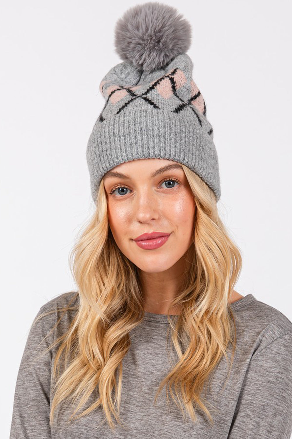 Grey Toque Pom Pom ARGYLE TOQUE WITH FAUX FUR POMPOM