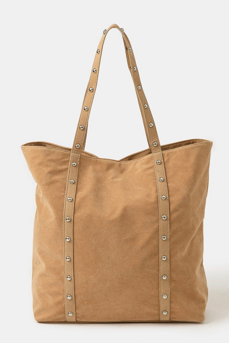 STUDDED STRAP FAUX SUEDE TOTE BAG