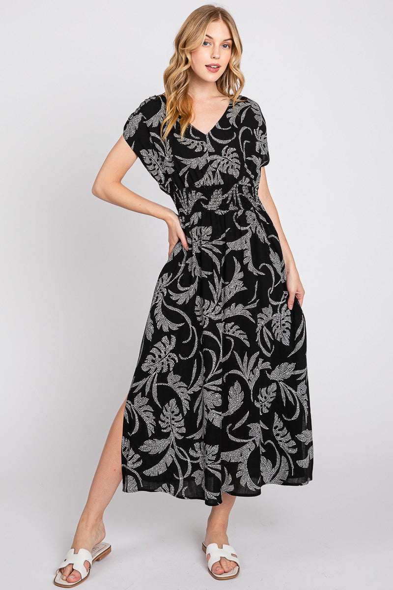 DOTTED LEAVES SMOCK WAIST MAXI DRESS
