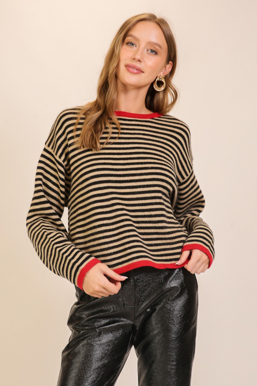 CONTRAST EDGE STRIPED SWEATER