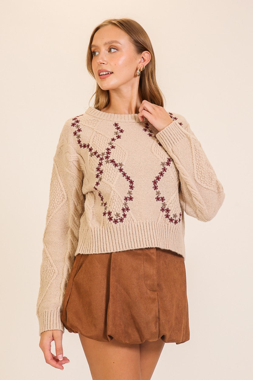 EMBROIDERED FLOWERS CABLE KNIT SWEATERS