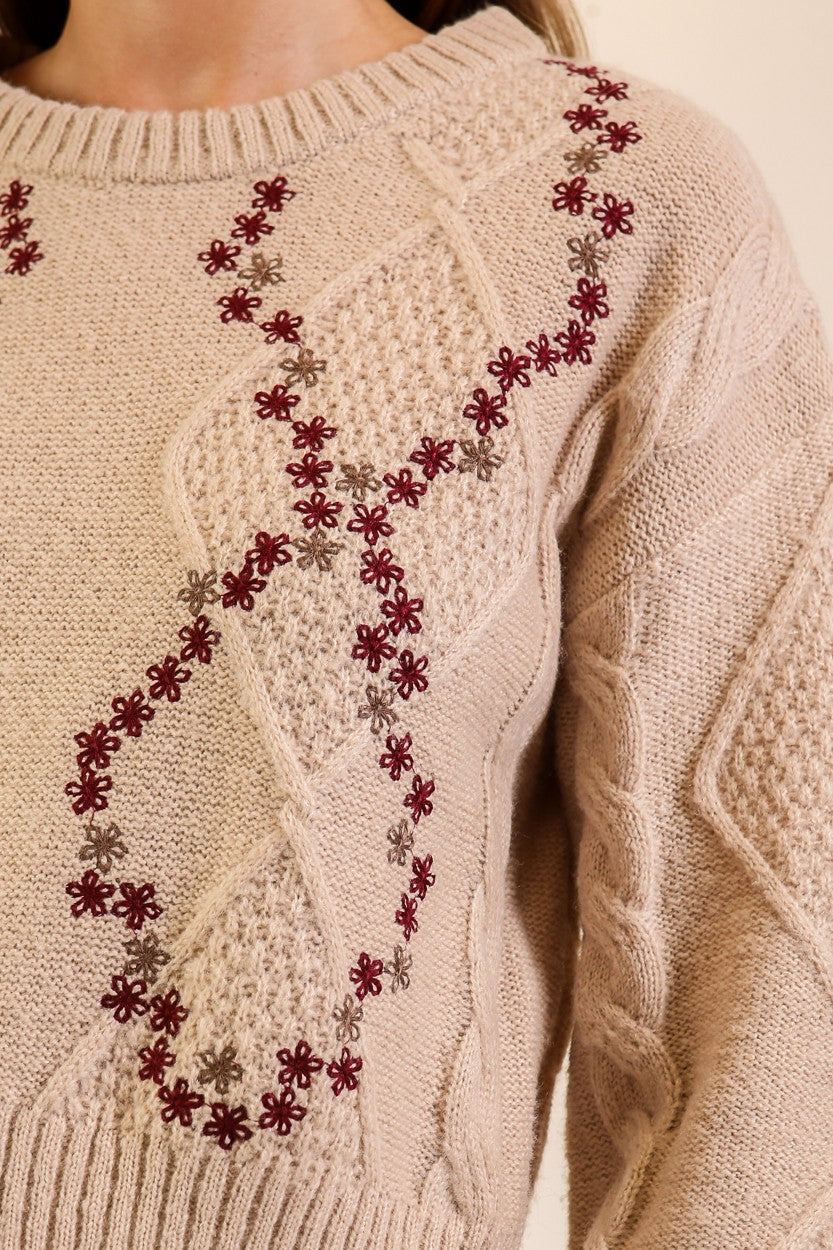 EMBROIDERED FLOWERS CABLE KNIT SWEATERS