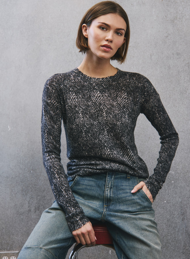 HERRINGBONE PRINT RAW EDGE CREW SWEATER
