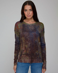 SHEER RUST PRINT RAW EDGE CREW NECK SWEATER