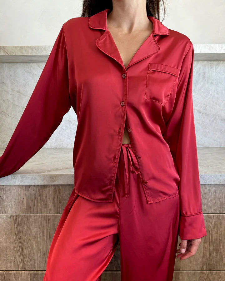 Red silk pajamas set hotsell