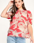 FLORAL & LACE PRINT TIE NECK PUFF SLEEVE BLOUSE
