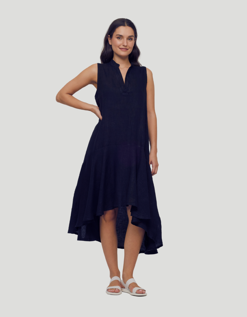 RUFFLE HI LO LINEN DRESS