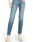model wearing fidelity denim axl girlfriend fit jean in cortez blue, shown from the waist down