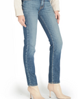 model wearing fidelity denim axl girlfriend fit jean in cortez blue, shown from the side