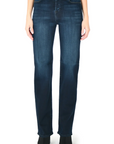 model wearing fidelity denim cali retro straight jean in madera blue, shown from the waist down
