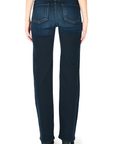 model wearing fidelity denim cali retro straight jean in madera blue, shown from the rear