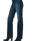 model wearing fidelity denim cali retro straight jean in madera blue, shown from the side