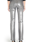model wearing fidelity denim kora bootcut pant in silver gunmetal foil, shown from the rear