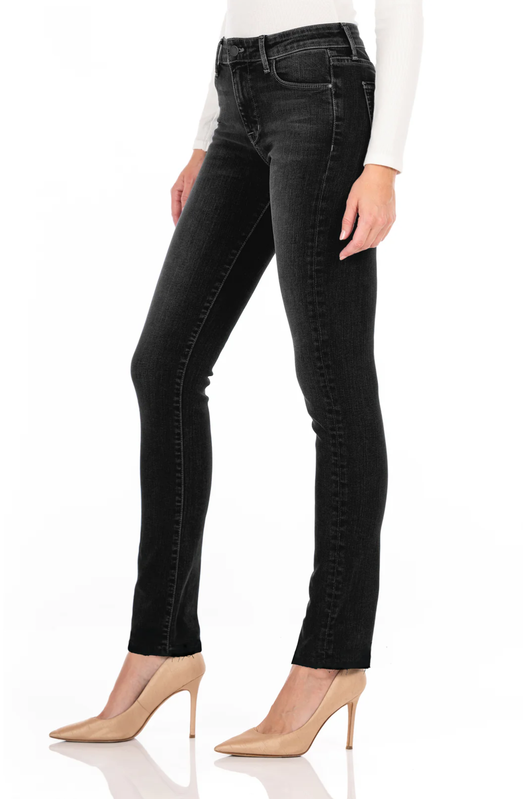 model wearing fidelity denim stevie mid rise slim jean in nassuno grey, shown from the side