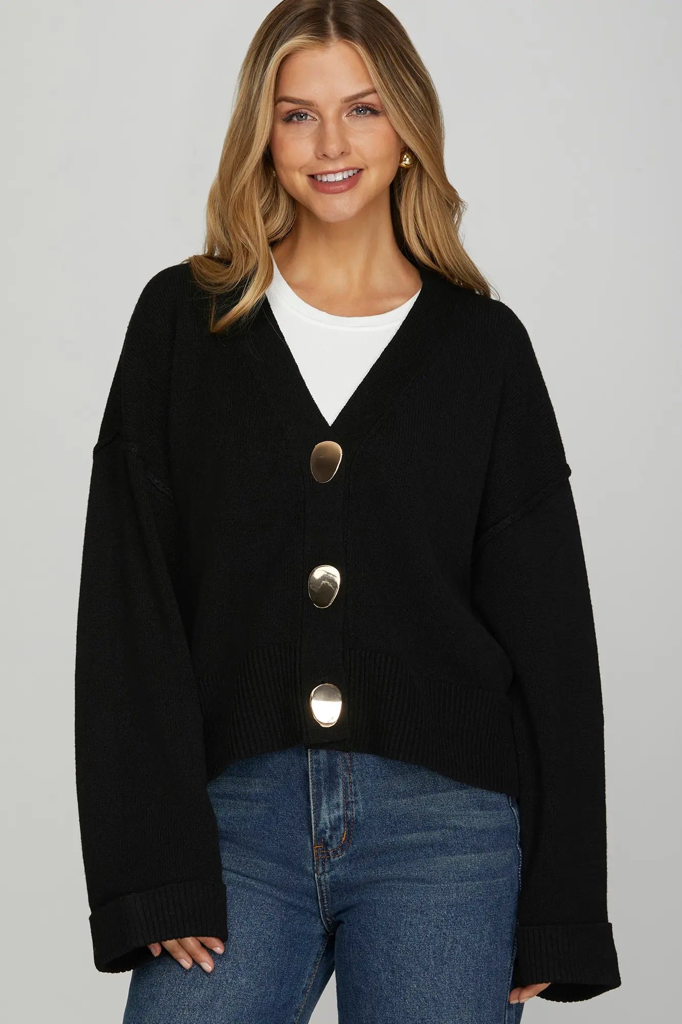 V-NECK CARDIGAN WITH GOLD BUTTONS