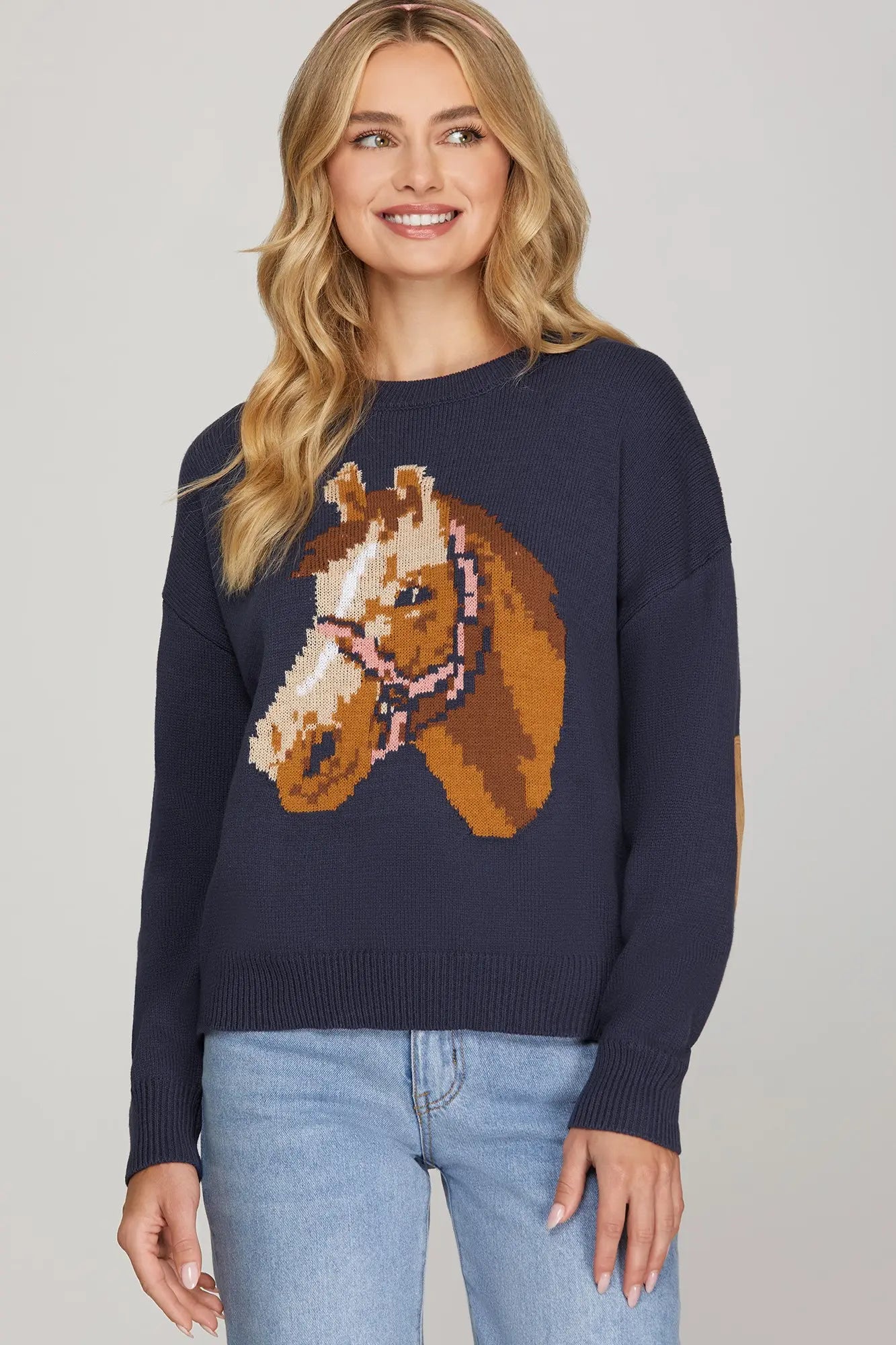 HORSE PRINT SWEATER WITH ELBOW PATCH